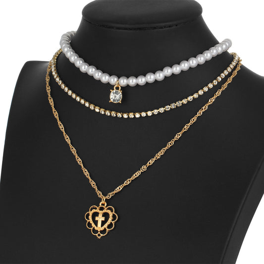 Pearl Drops Love Necklace Rhinestone Multilayer Clavicle Chain