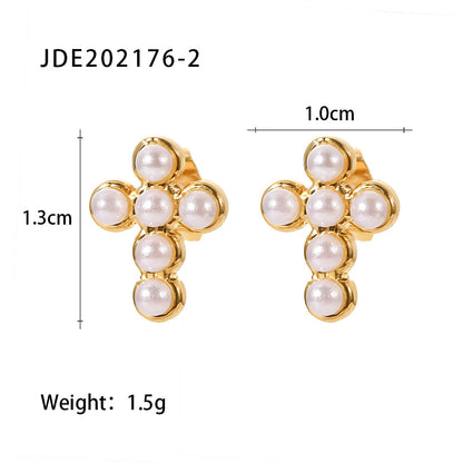 Ensemble Collier Perles et Boucles d'Oreilles Croix - Acier Inoxydable