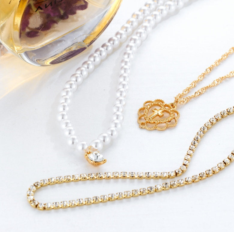 Pearl Drops Love Necklace Rhinestone Multilayer Clavicle Chain