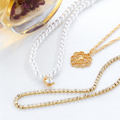Pearl Drops Love Necklace Rhinestone Multilayer Clavicle Chain