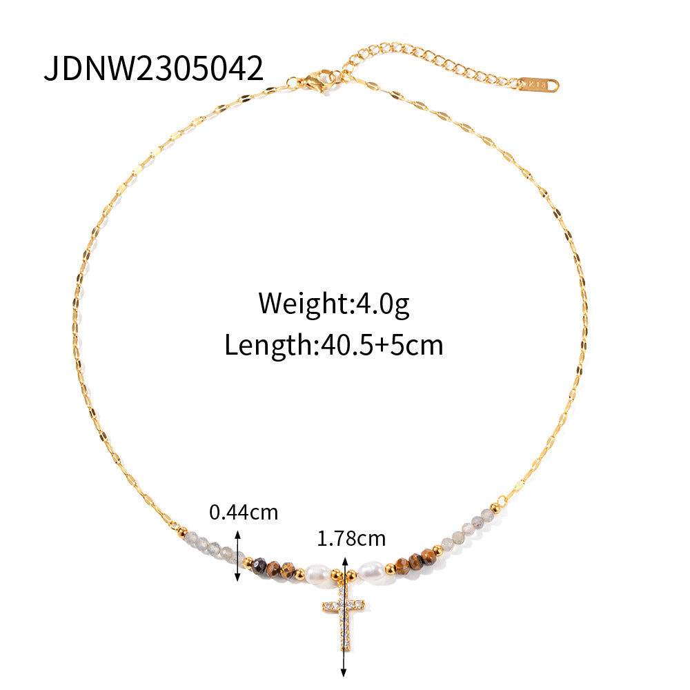 Ensemble Collier Perles et Boucles d'Oreilles Croix - Acier Inoxydable