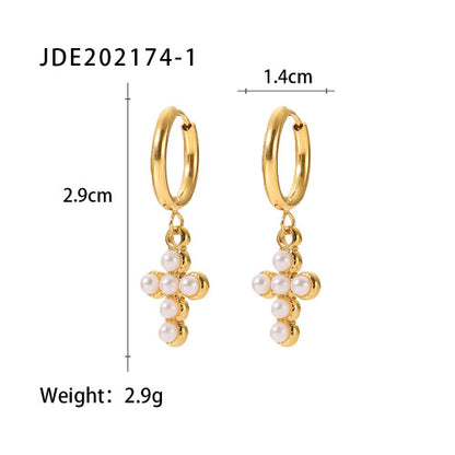 Ensemble Collier Perles et Boucles d'Oreilles Croix - Acier Inoxydable