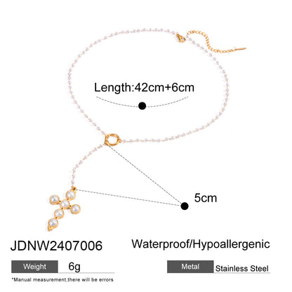 Ensemble Collier Perles et Boucles d'Oreilles Croix - Acier Inoxydable