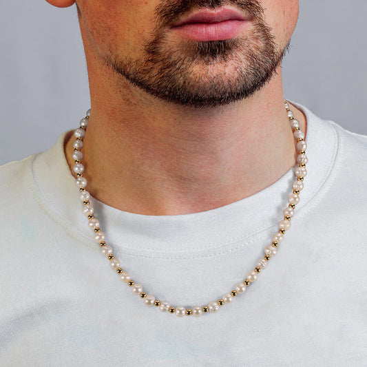 14K Gold Plated Sterling Silver Freshwater Pearl Men's Necklace