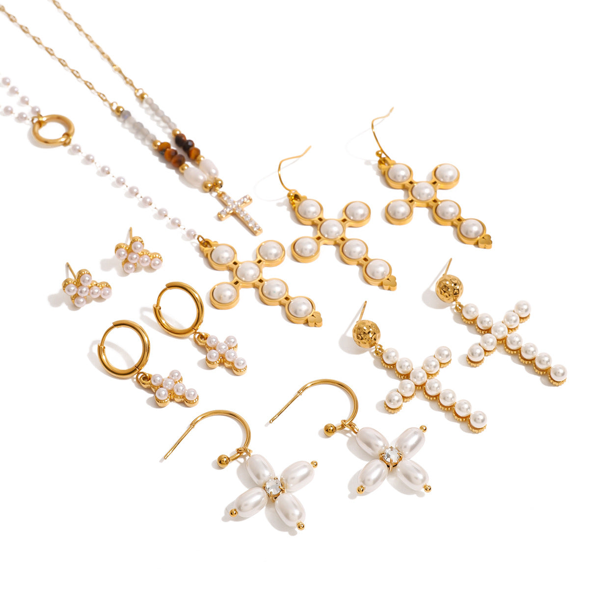 Ensemble Collier Perles et Boucles d'Oreilles Croix - Acier Inoxydable