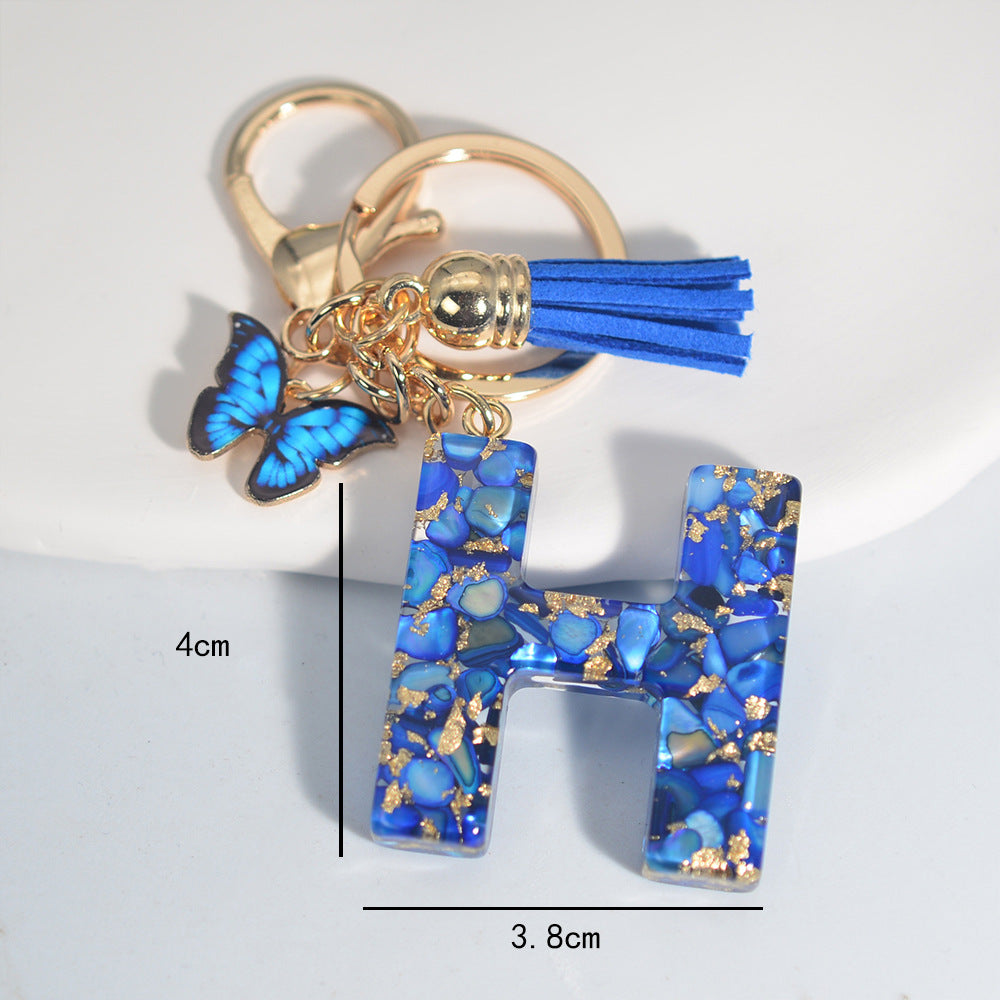 New Resin Blue Stone Letter Butterfly Tassel Letter Key Chain