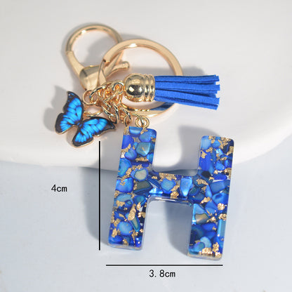 New Resin Blue Stone Letter Butterfly Tassel Letter Key Chain