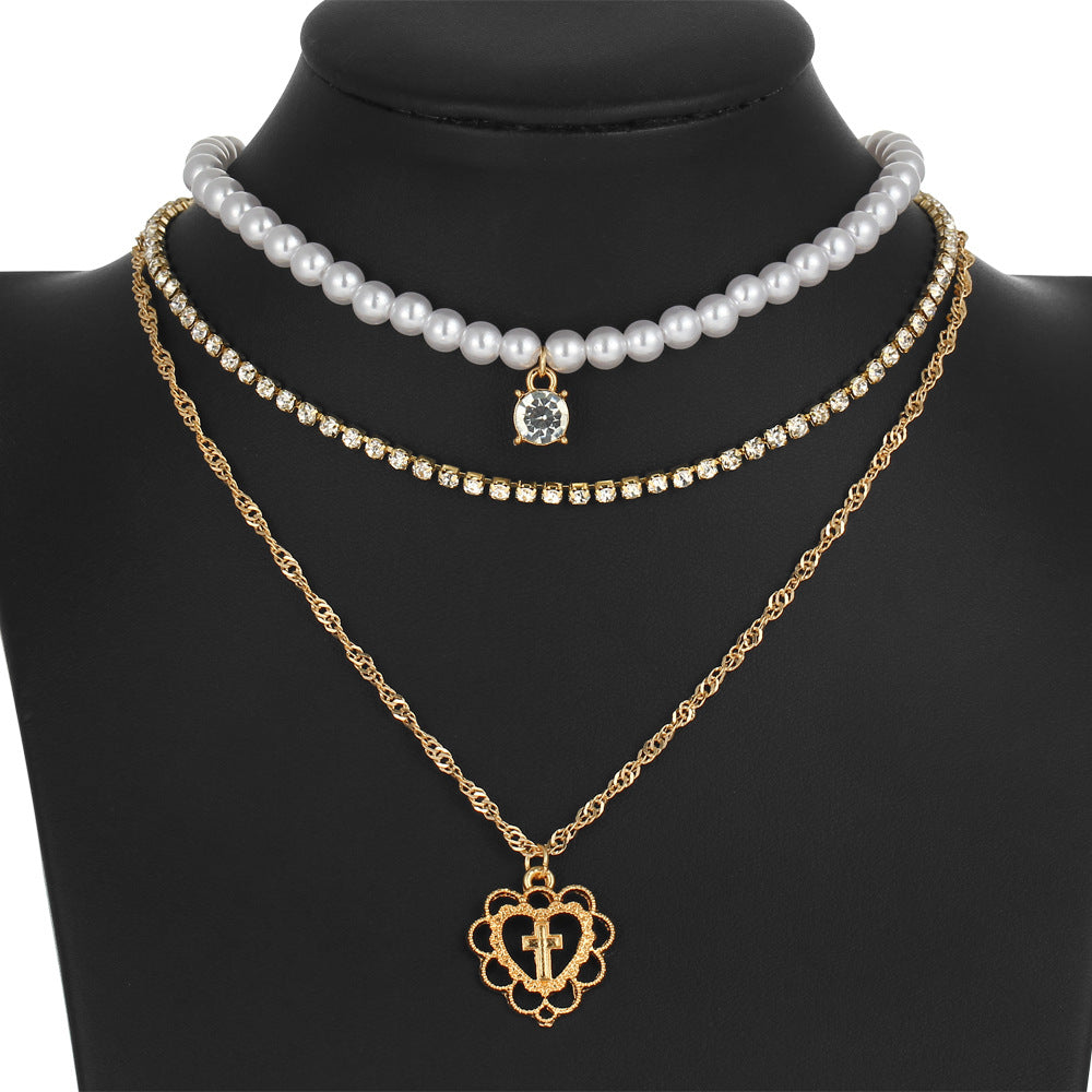 Pearl Drops Love Necklace Rhinestone Multilayer Clavicle Chain