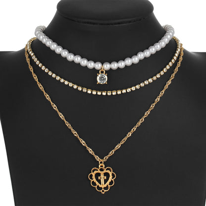 Pearl Drops Love Necklace Rhinestone Multilayer Clavicle Chain