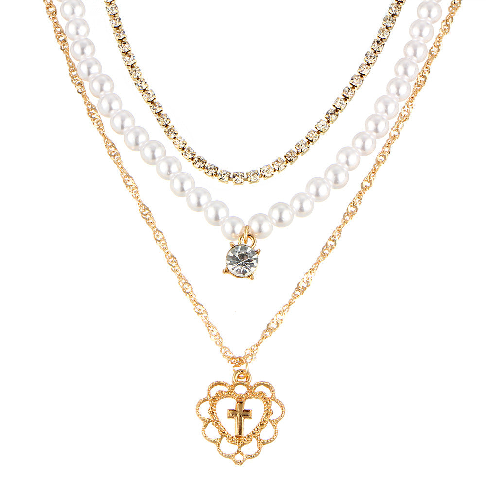 Pearl Drops Love Necklace Rhinestone Multilayer Clavicle Chain