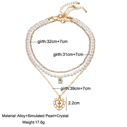 Pearl Drops Love Necklace Rhinestone Multilayer Clavicle Chain