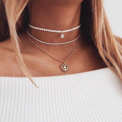 Pearl Drops Love Necklace Rhinestone Multilayer Clavicle Chain