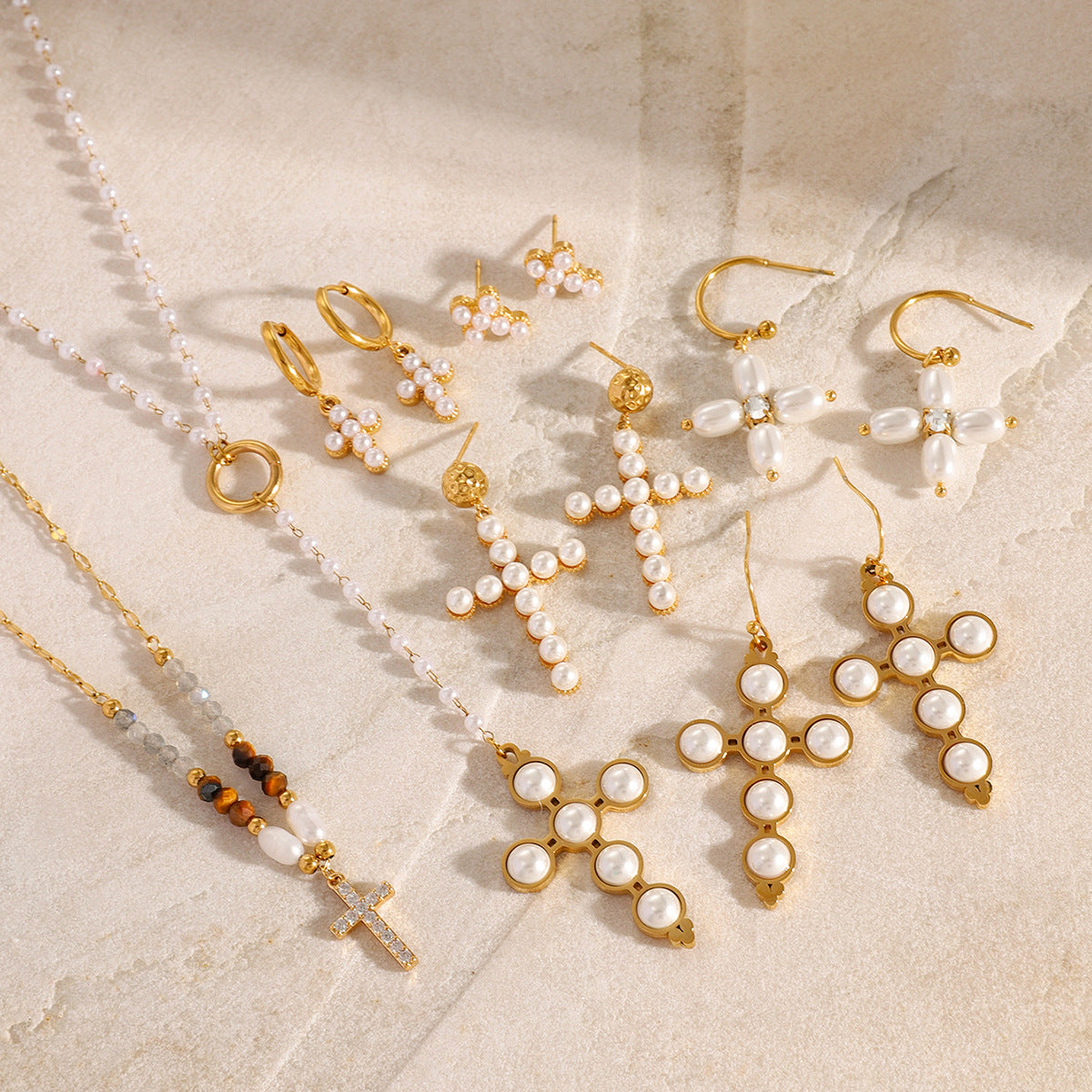 Ensemble Collier Perles et Boucles d'Oreilles Croix - Acier Inoxydable