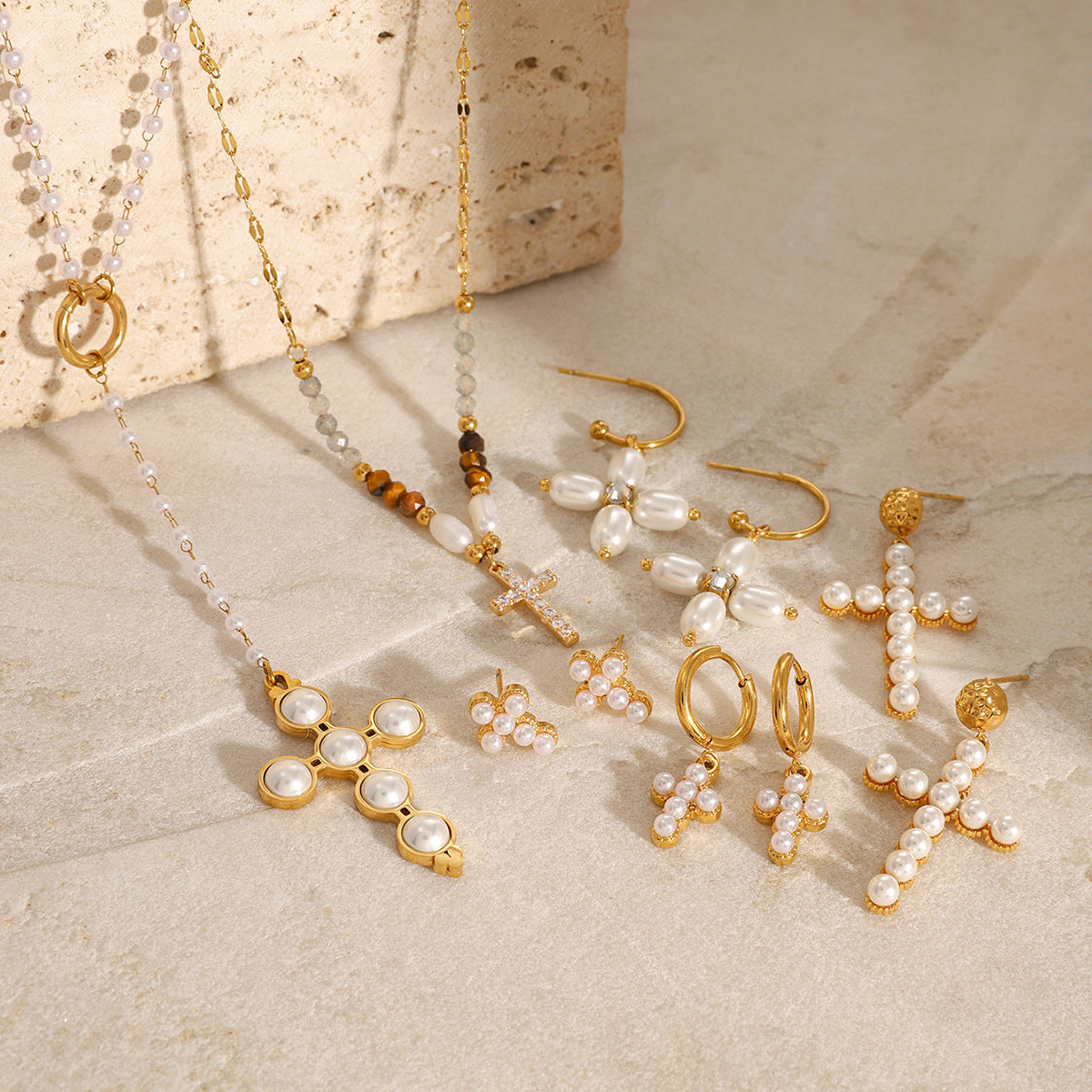 Ensemble Collier Perles et Boucles d'Oreilles Croix - Acier Inoxydable