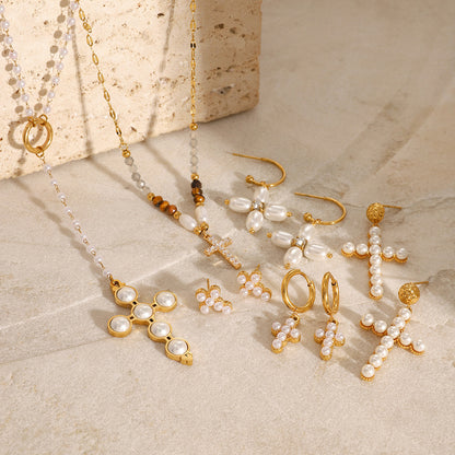 Ensemble Collier Perles et Boucles d'Oreilles Croix - Acier Inoxydable
