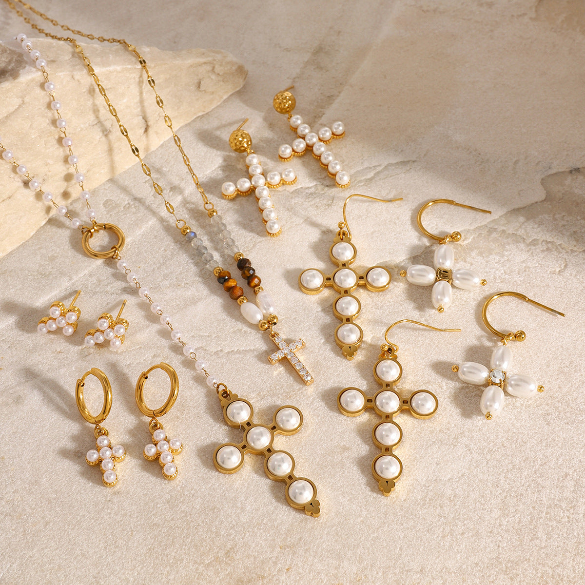 Ensemble Collier Perles et Boucles d'Oreilles Croix - Acier Inoxydable