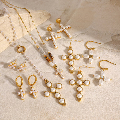 Ensemble Collier Perles et Boucles d'Oreilles Croix - Acier Inoxydable