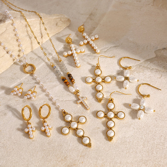 Ensemble Collier Perles et Boucles d'Oreilles Croix - Acier Inoxydable