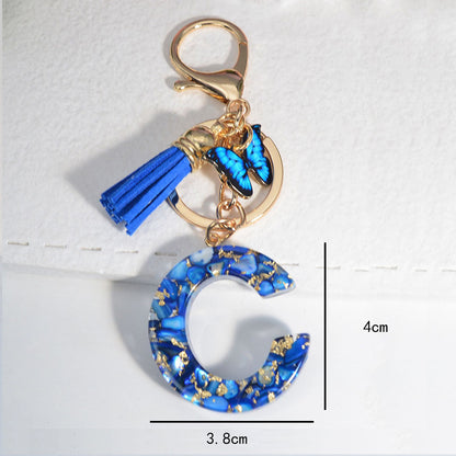 New Resin Blue Stone Letter Butterfly Tassel Letter Key Chain