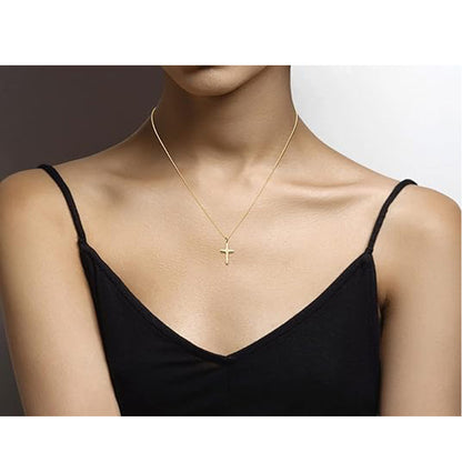 14K Gold Plated Small Cross Pendant Necklace For Women On 18 Inch Chain